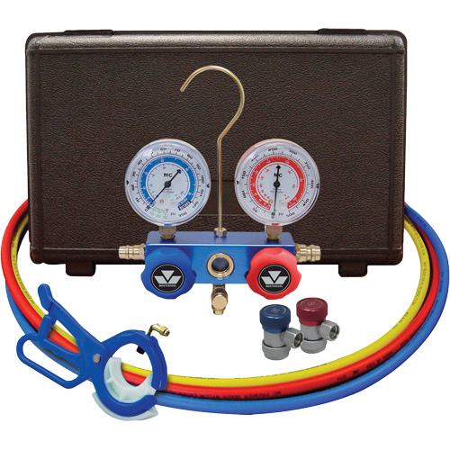 Automotive Manifold Gauge Set with Manual Couplers & 3-in-1 Side Mount Can Tap Valve Chandler Sales