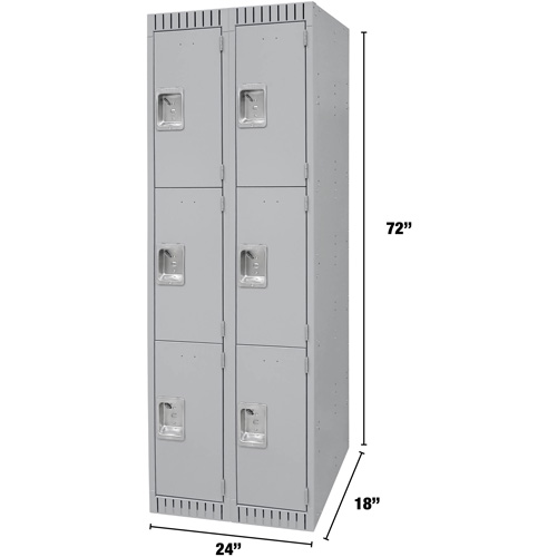 Lockers, 3 -tier, Bank of 2, 24" x 18" x 72", Steel, Grey, Knocked Down Chandler Sales