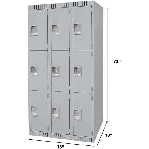 Lockers, 3 -tier, Bank of 3, 36" x 18" x 72", Steel, Grey, Knocked Down Chandler Sales