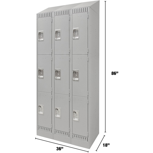 Lockers, 3 -tier, Bank of 3, 36" x 18" x 86", Steel, Grey, Knocked Down Chandler Sales