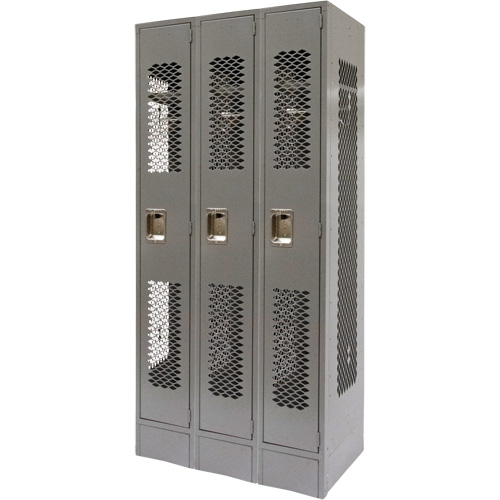 Vented Lockers, Bank of 3, 36" x 18" x 78", Steel, Grey, Knocked Down, Perforated Chandler Sales