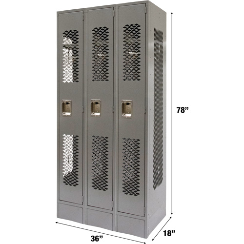 Vented Lockers, Bank of 3, 36" x 18" x 78", Steel, Grey, Knocked Down, Perforated Chandler Sales