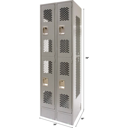 Vented Lockers, 2 -tier, Bank of 2, 24" x 18" x 78", Steel, Grey, Knocked Down, Perforated Chandler Sales