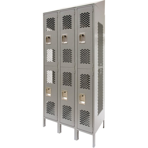Vented Lockers, 2 -tier, Bank of 3, 36" x 18" x 88", Steel, Grey, Knocked Down, Perforated Chandler Sales