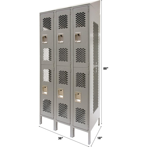 Vented Lockers, 2 -tier, Bank of 3, 36" x 18" x 88", Steel, Grey, Knocked Down, Perforated Chandler Sales