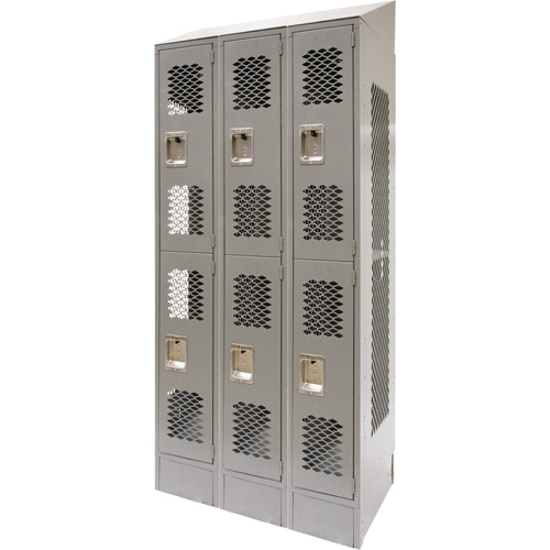 Vented Lockers, 2 -tier, Bank of 3, 36" x 18" x 88", Steel, Grey, Knocked Down, Perforated Chandler Sales