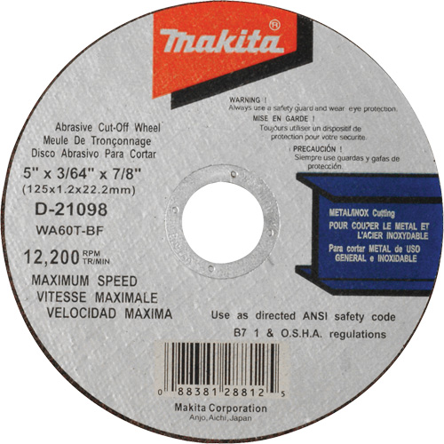 Meule &agrave; tronçonner mince, 5" x 3/64", Arbre de 7/8", Type 1, Oxyde d'aluminium, 12 200 Tr/min Chandler Sales