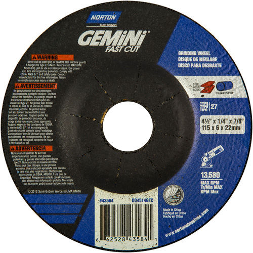 Grinding Wheel, 4-1/2" x 1/4", 7/8" Arbor, Aluminum Oxide, Type 27 Chandler Sales