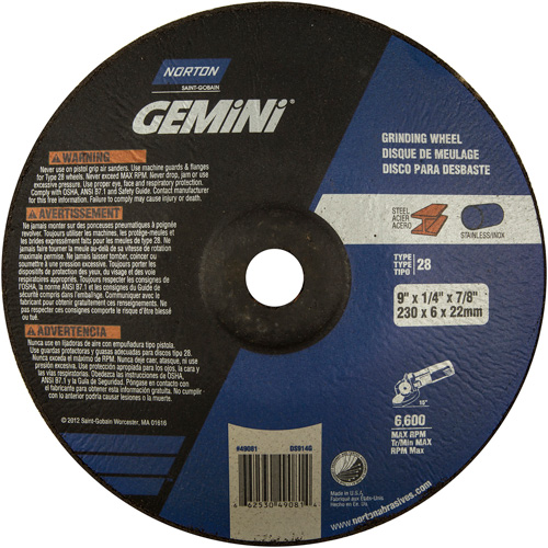 Gemini&reg; Saucer Wheel, 9" x 1/4", 7/8" Arbor, Aluminum Oxide, Type 28 Chandler Sales