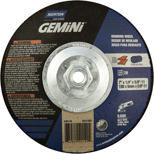 Gemini&reg; Saucer Wheel, 7" x 1/4", 5/8"-11 Arbor, Aluminum Oxide, Type 28 Chandler Sales