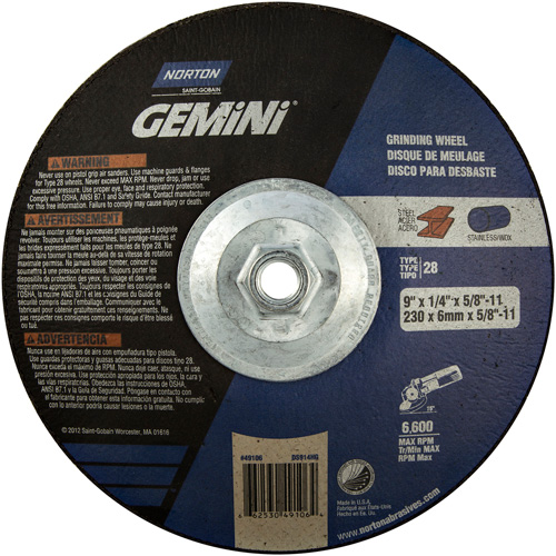Meule soucoupes Gemini, 9" x 1/4", Arbre 5/8"-11, Oxyde d'aluminium, Type 28 Chandler Sales