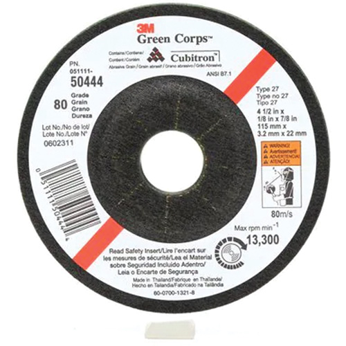 Green Corps Flexible Grinding Wheel, 4-1/2" x 1/8", 7/8" Arbor, Ceramic, Type 27 Chandler Sales