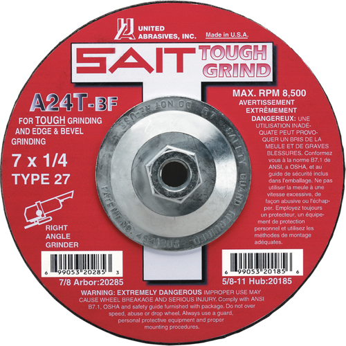Meule A24T Tough Grind, 4-1/2" x 1/4", Arbre 7/8", Oxyde d'aluminium, Type 27 Chandler Sales