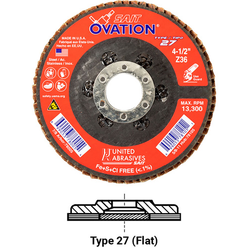 Ovation Flap Disc, 4-1/2" x 5/8"-11, Type 27, 36 Grit, Zirconium Chandler Sales