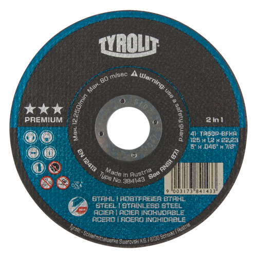 Premium 2 In 1 Thincut Cut-Off Wheel, 5" x 0.045", 7/8" Arbor, Type 1, Aluminum Oxide, 12250 RPM Chandler Sales