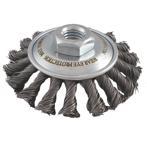 Knotted Wire Wheel Saucer Brushes, 4" Dia., 0.02" Fill, 5/8"-11 Arbor, Steel Chandler Sales