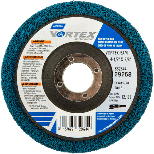 Vortex Non-Woven Disc, 4-1/2" Dia. x 1/2" W, 7/8" Arbor, Aluminum Oxide Chandler Sales