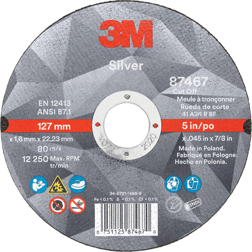 Silver Cut-Off Wheel, 5" x 0.045", 7/8" Arbor, Type 1, Ceramic, 12250 RPM Chandler Sales