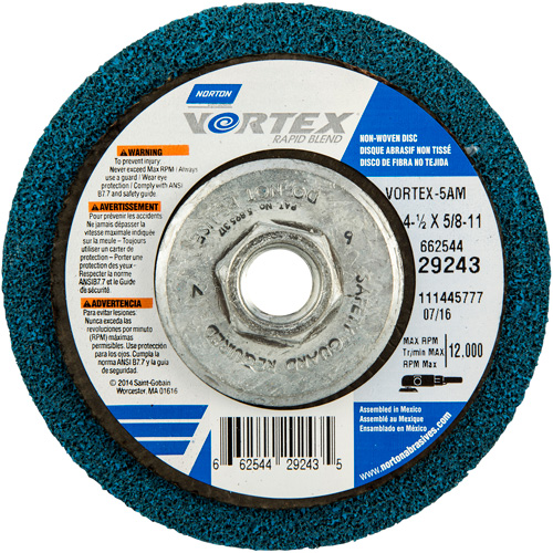 Meule abrasive non tiss&eacute;e &agrave; moyeu d&eacute;port&eacute; Vortez Rapid Blend, 4-1/2" dia., Grain 100-120, Oxyde d'aluminium Chandler Sales