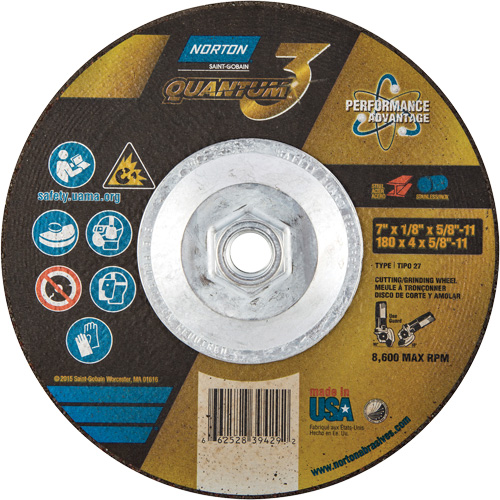 Disque de rectification et de tronçonnage Quantum3, 7" x 1/8", Arbre de 5/8"-11, Type 27, Grain de 24, C&eacute;ramique d'alumine Chandler Sales
