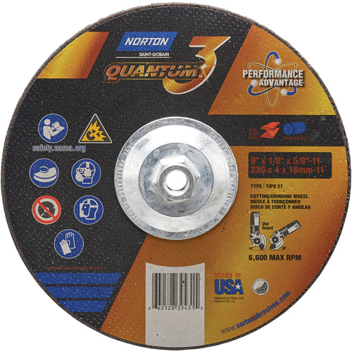 Quantum3 Grinding & Cutting Wheel, 9" x 1/8", 5/8"-11 Arbor, Type 27, 24 Grit, Ceramic Alumina Chandler Sales