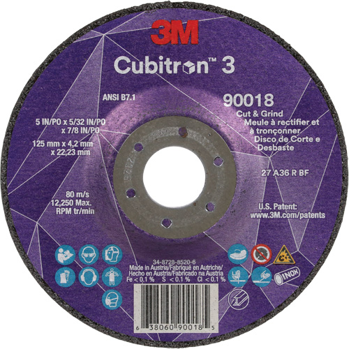 Meule &agrave; couper & tronçonner Cubitron 3, 5" x 5/32", Arbre de 7/8", Type T27, Grain de 36+, C&eacute;ramique Chandler Sales