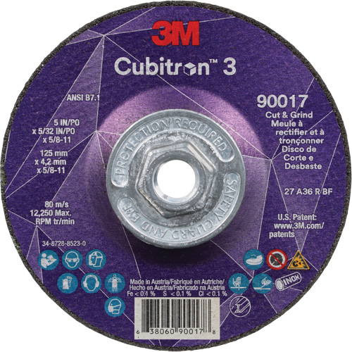 Cubitron 3 Cut & Grind Wheel, 5" x 5/32", 5/8"-11 Arbor, Type T27, 36+ Grit, Ceramic Chandler Sales
