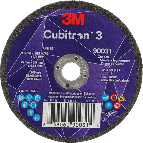 Cubitron 3 Cut-Off Wheel, 3" x 0.035", 3/8" Arbor, Type T1, Ceramic, 21000 RPM Chandler Sales