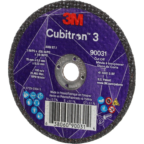 Cubitron 3 Cut-Off Wheel, 3" x 0.035", 3/8" Arbor, Type T1, Ceramic, 21000 RPM Chandler Sales
