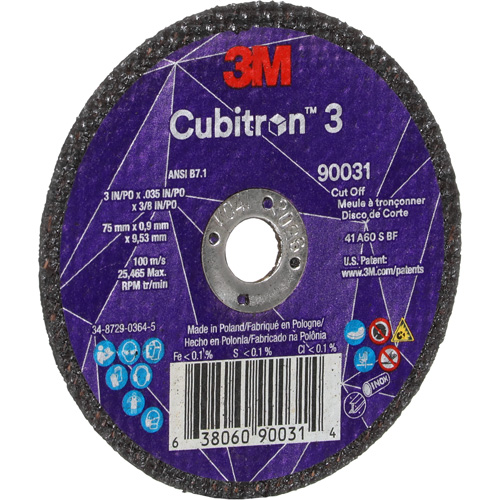 Cubitron 3 Cut-Off Wheel, 3" x 0.035", 3/8" Arbor, Type T1, Ceramic, 21000 RPM Chandler Sales