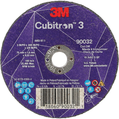 Meule &agrave; tronçonner Cubitron 3, 3" x 0,045", Arbre de 3/8", Type T1, C&eacute;ramique, 21000 Tr/min Chandler Sales