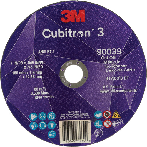 Cubitron 3 Cut-Off Wheel, 7" x 0.09", 7/8" Arbor, Type T27, Ceramic, 8500 RPM Chandler Sales