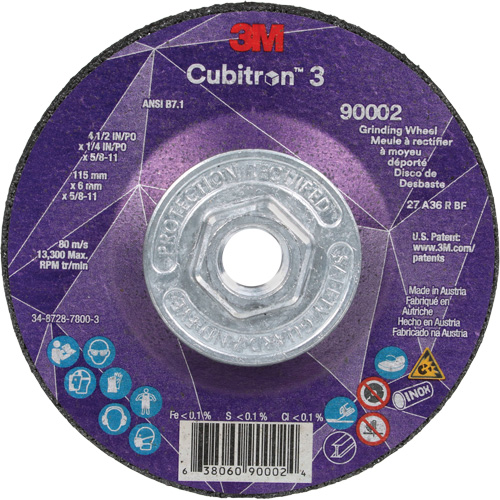Cubitron 3 Depressed Centre Grinding Wheel, 4-1/2" x 1/4", 5/8"-11 Arbor, Ceramic, Type T27 Chandler Sales