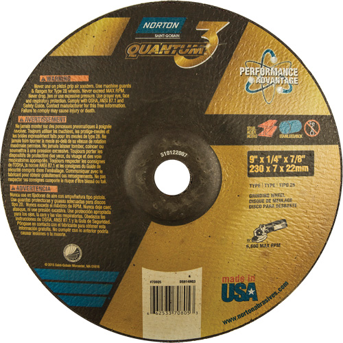 Quantum 3 SG Depressed Center Grinding Wheel, 9" x 1/4", 7/8" Arbor, Type 28, Ceramic, 6600 RPM Chandler Sales