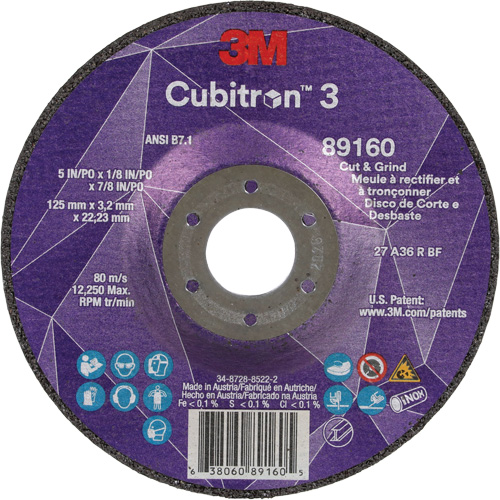 Cubitron 3 Cut and Grind Wheel, 5" x 1/8", 7/8" Arbor, Type 27, 36 Grit, Ceramic Chandler Sales