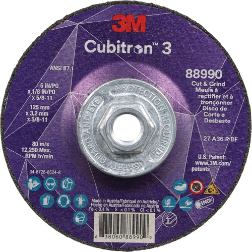 Cubitron 3 Cut and Grind Wheel, 5" x 1/8", 5/8"-11 Arbor, Type 27, 36 Grit, Ceramic Chandler Sales