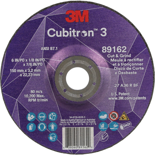 Meule &agrave; rectifier et &agrave; tronçonner Cubitron 3, 6" x 1/8", Arbre de 7/8", Type 27, Grain de 36, C&eacute;ramique Chandler Sales