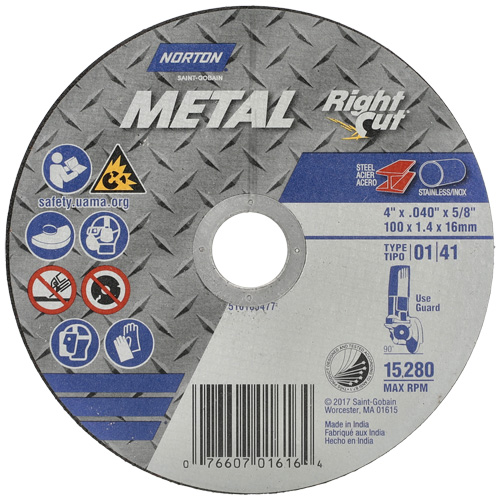 Metal RightCut Right Angle Cut-Off Wheel, 4-1/2" x 0.04", 7/8" Arbor, Type 01/41, Aluminum Oxide, 13580 RPM Chandler Sales