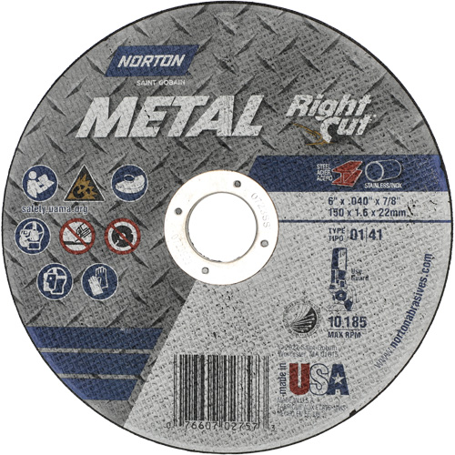 Metal RightCut Right Angle Cut-Off Wheel, 6" x 0.04", 7/8" Arbor, Type 01/41, Aluminum Oxide, 10185 RPM Chandler Sales