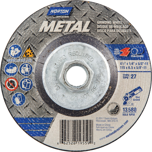 Metal Grinding Wheel, 4-1/2" x 1/4", 5/8"-11 Arbor, Aluminum Oxide, Type 27 Chandler Sales