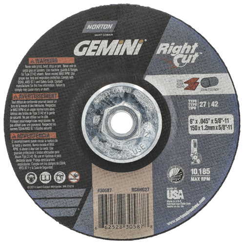 Meule &agrave; tronçonner pour coupe &agrave; angle droit RightCut Gemini, 6" x 0,045", Arbre de 5/8"-11, Type 27/42, Oxyde d'aluminium, 10185 Tr/min Chandler Sales
