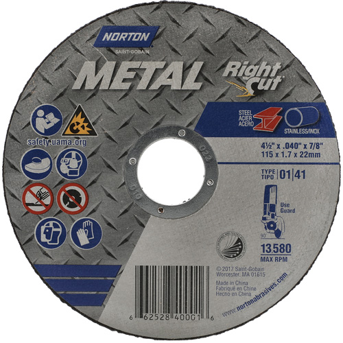 Metal RightCut Right Angle Cut-Off Wheel, 4-1/2" x 0.045", 7/8" Arbor, Type 01/41, Aluminum Oxide, 13580 RPM Chandler Sales