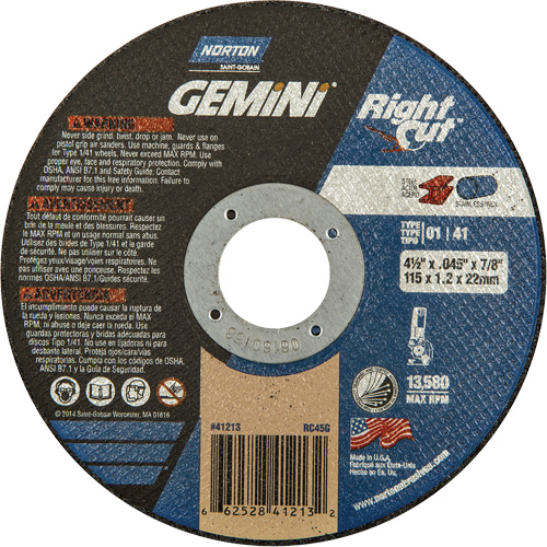 Gemini RightCut Right Angle Cut-Off Wheel, 4-1/2" x 0.045", 7/8" Arbor, Type 01/41, Aluminum Oxide, 13580 RPM Chandler Sales