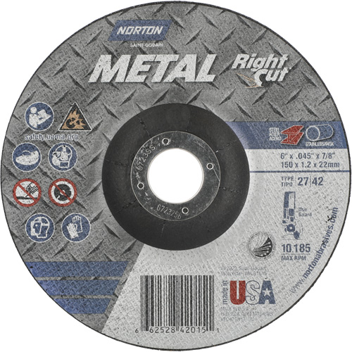 Meule &agrave; tronçonner m&eacute;tallique pour coupe &agrave; angle droit RightCut, 6" x 0,045", Arbre de 7/8", Type 27/42, Oxyde d'aluminium, 10190 Tr/min Chandler Sales