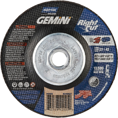 Meule &agrave; tronçonner pour coupe &agrave; angle droit RightCut Gemini, 4-1/2" x 0,045", Arbre de 5/8"-11, Type 27/42, Oxyde d'aluminium, 13580 Tr/min Chandler Sales