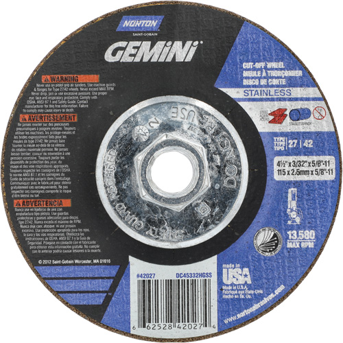 Meule &agrave; tronçonner pour coupe &agrave; angle droit INOX/SS Gemini, 4-1/2" x 3/32", Arbre de 5/8"-11, Type 27/42, Oxyde d'aluminium, 13580 Tr/min Chandler Sales