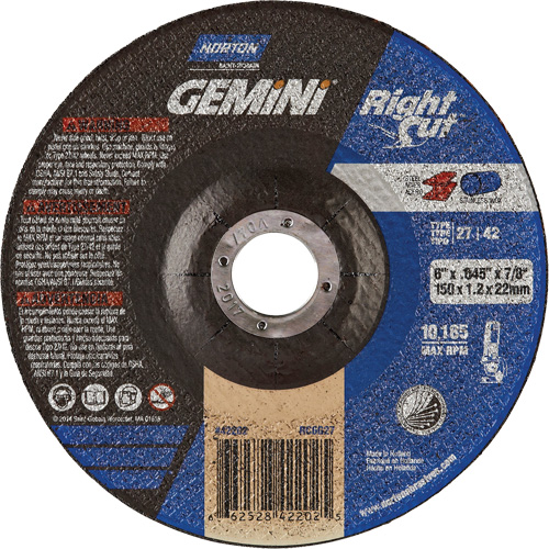 Meule &agrave; tronçonner pour coupe &agrave; angle droit RightCut Gemini, 6" x 0,045", Arbre de 7/8", Type 27/42, Oxyde d'aluminium, 10185 Tr/min Chandler Sales