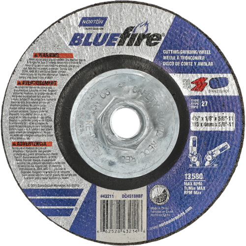 Disque de meulage et tronçonnage BlueFire, 4-1/2" x 1/8", Arbre de 5/8"-11, Type 27, Alumine de zirconium Chandler Sales