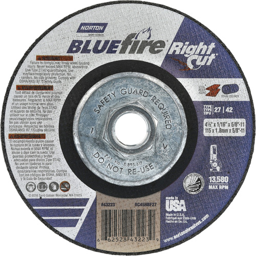 Meule &agrave; tronçonner pour coupe &agrave; angle droit RightCut BlueFire, 4-1/2" x 1/16", Arbre de 5/8"-11, Type 27/42, Oxyde d'aluminium, 13580 Tr/min Chandler Sales