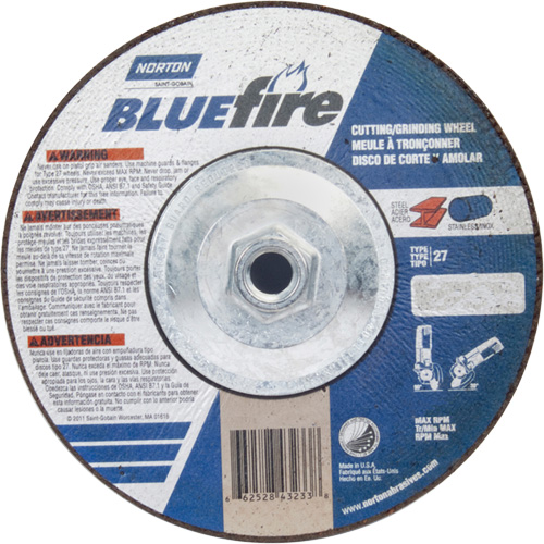 BlueFire Grinding & Cutting Wheel, 7" x 1/8", 5/8"-11 Arbor, Type 27, Zirconia Alumina Chandler Sales